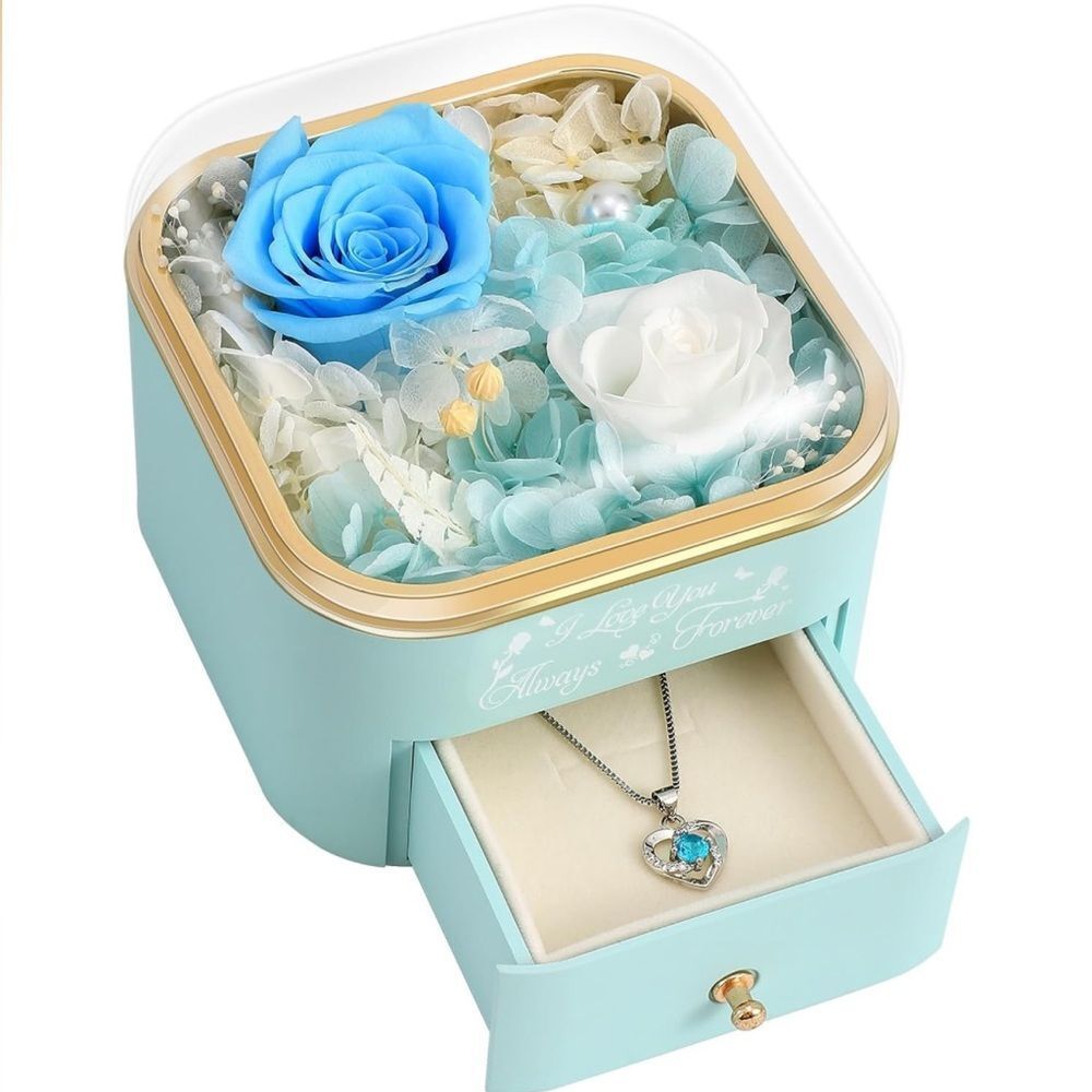 Heart Pendant Necklace with Blue Rose Gift Box